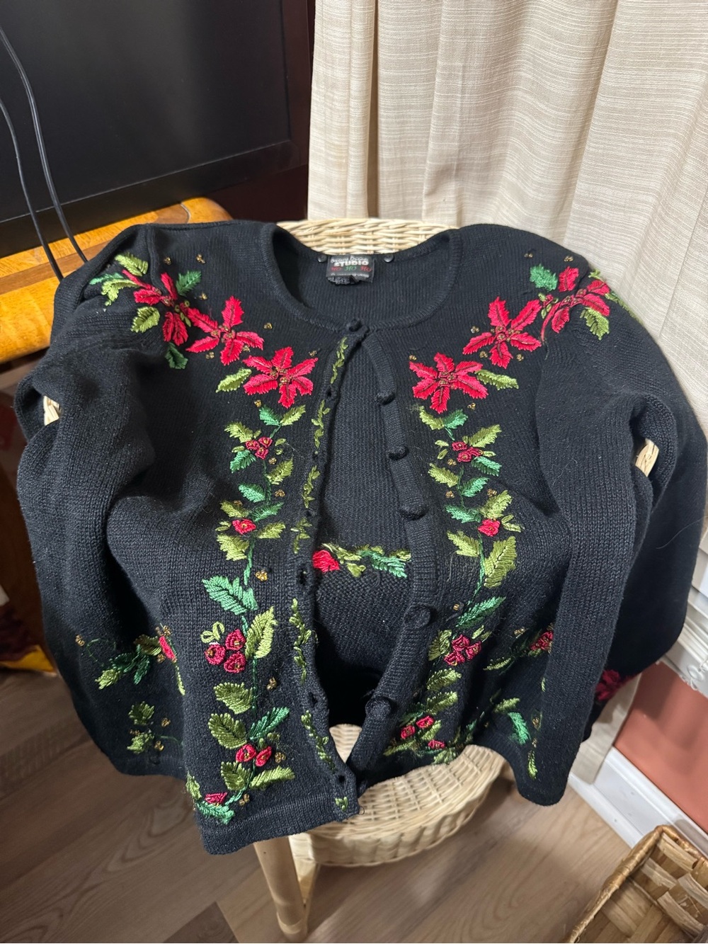 Designers Originals Black Cardigan with Red & Green Floral Embroidery